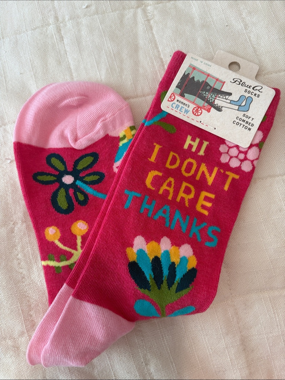 Blue Q Pink Floral "Hi I Don't Care Thanks" Crew Socks